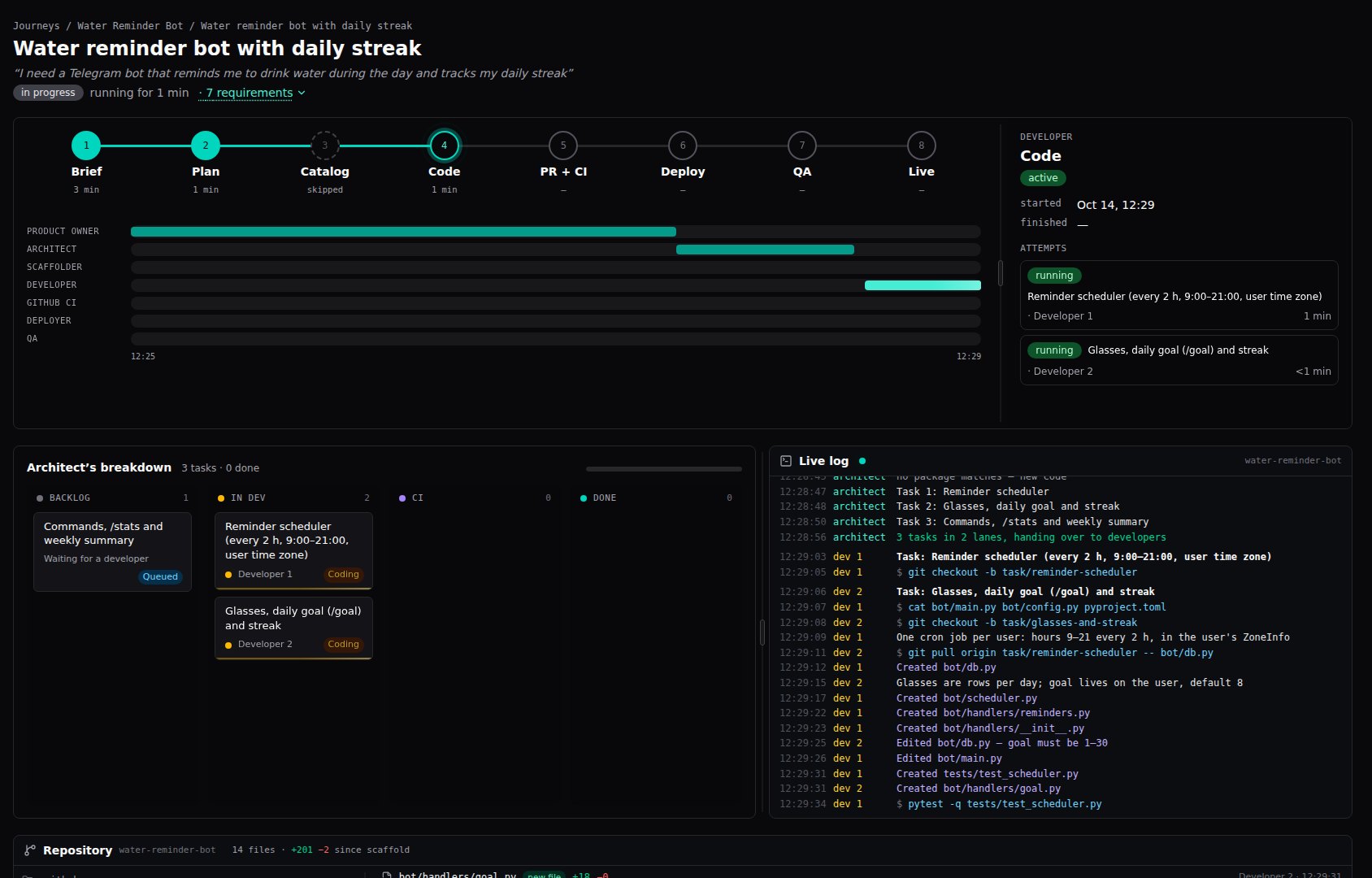 Timeline with two developer agents and the live log